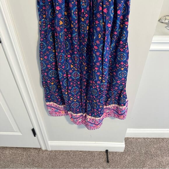 Vintage Blue Pink Cotton Block Printed House Maxi Dress Muumuu Small - Picture 8 of 12